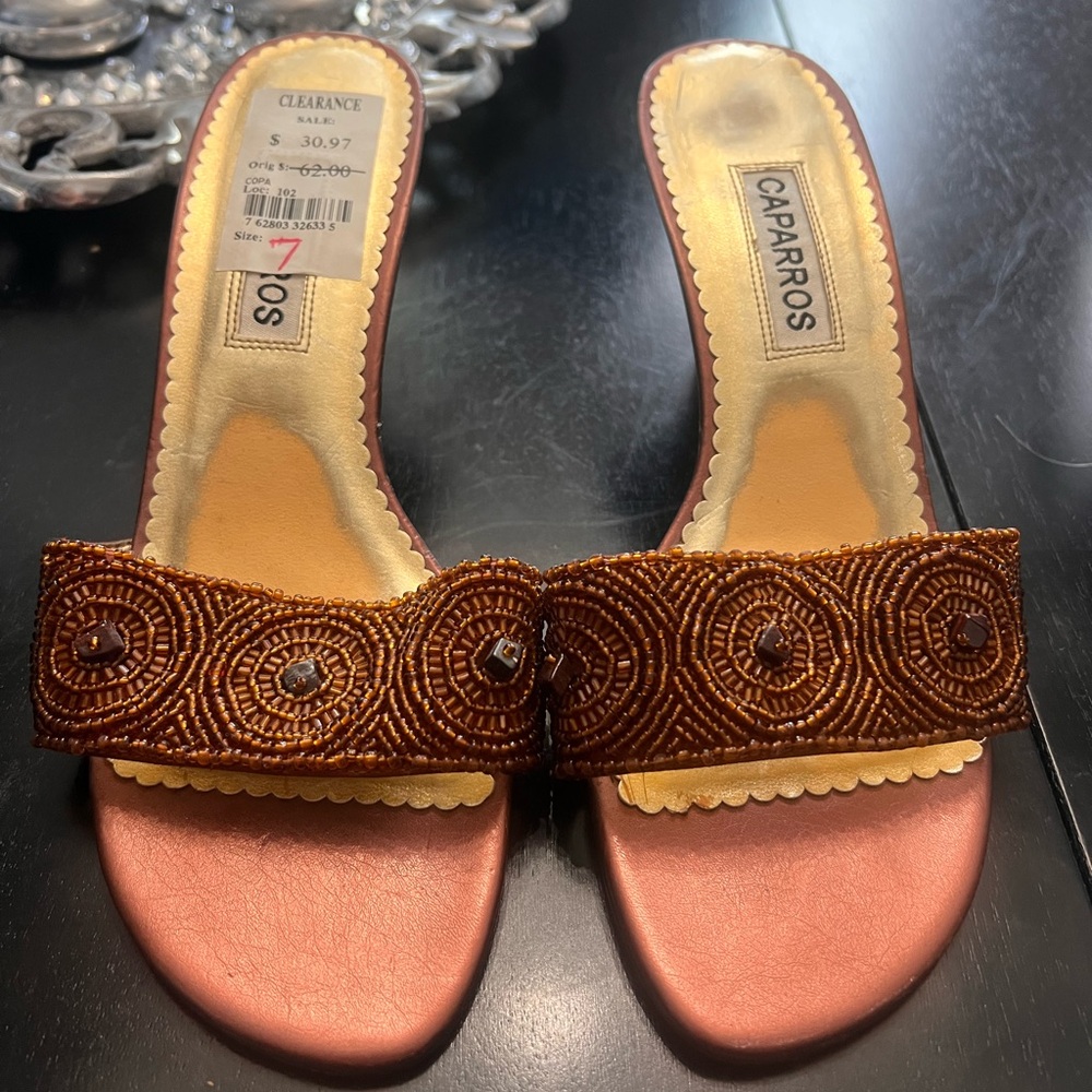 Caparros Brown and Gold Beaded Sandals